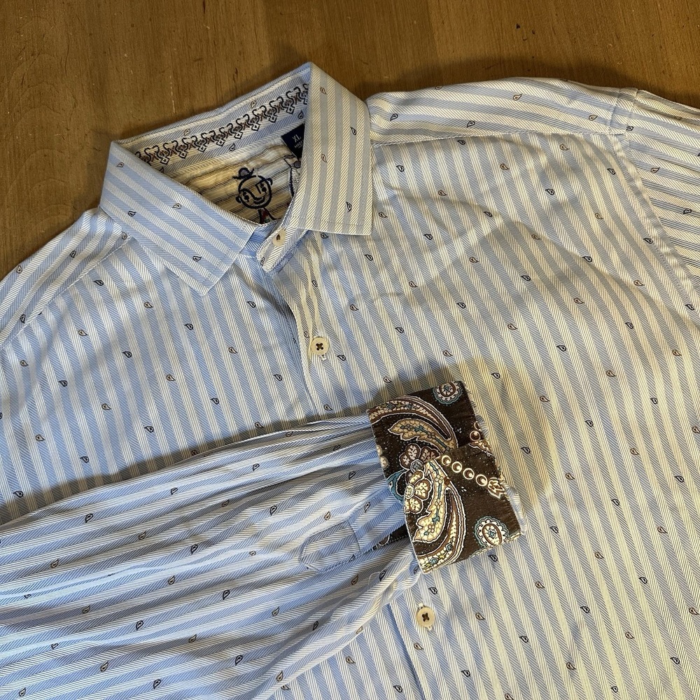Robert Graham Shirt Men's Size XL Blue Long Sleeve Money Bags Wall Street AOP